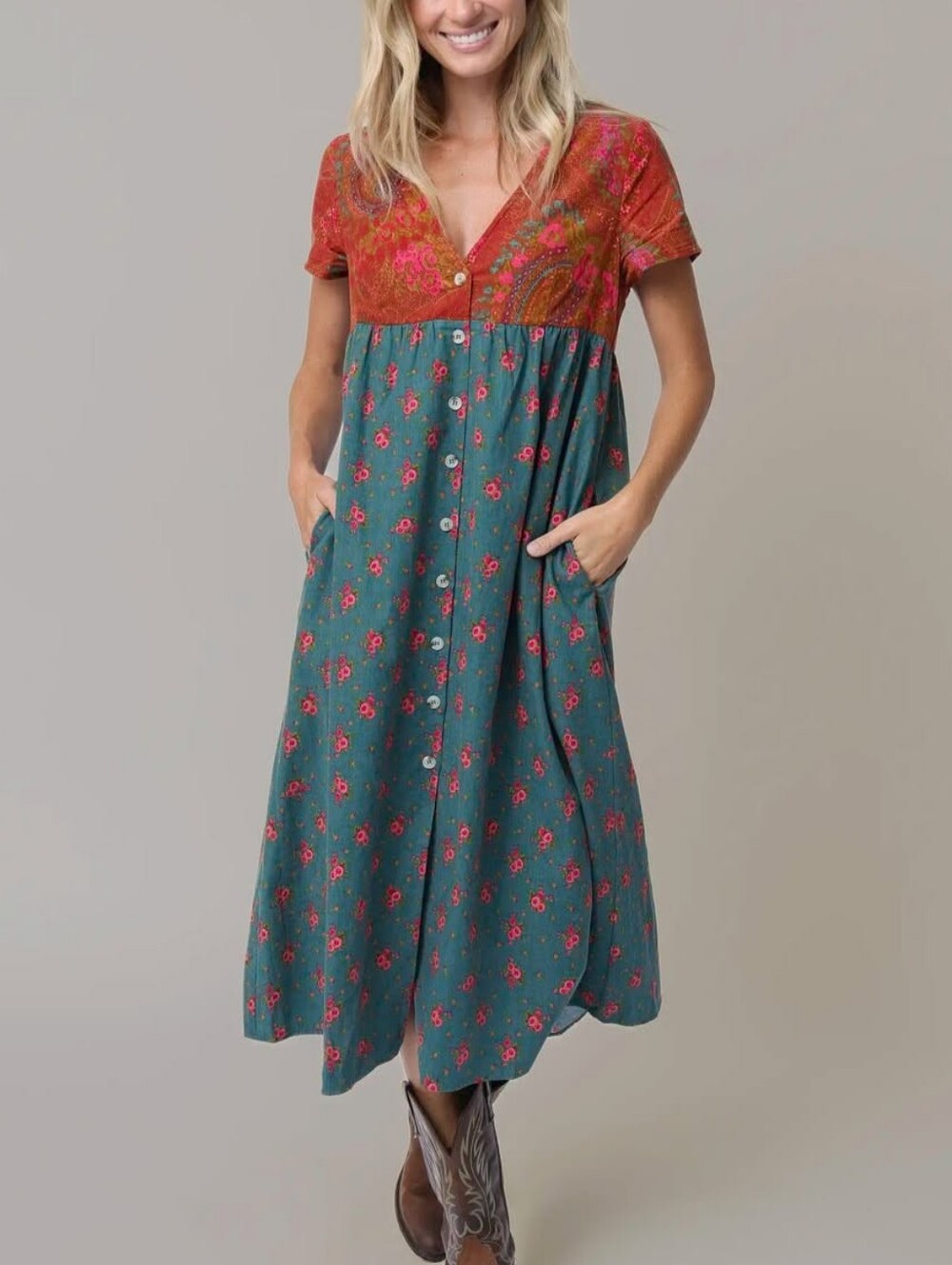 NATURAL LIFE Boho Two-Tone Midi Dress — Rust & Teal Floral Size Medium